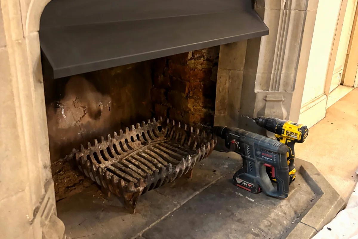 Fireplace gather hood installation to improve chimney draw in Deal, Kent