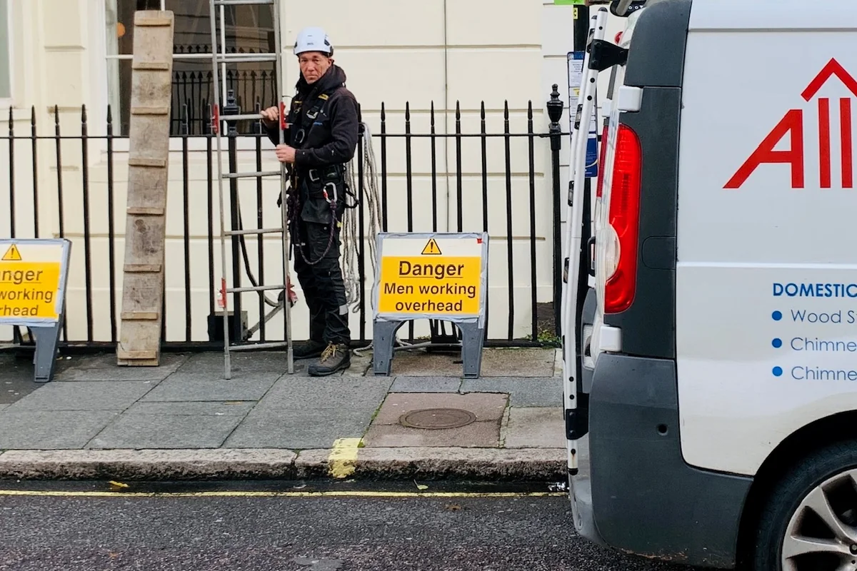 Rope access chimney repair with safety cordons in Dover, Kent